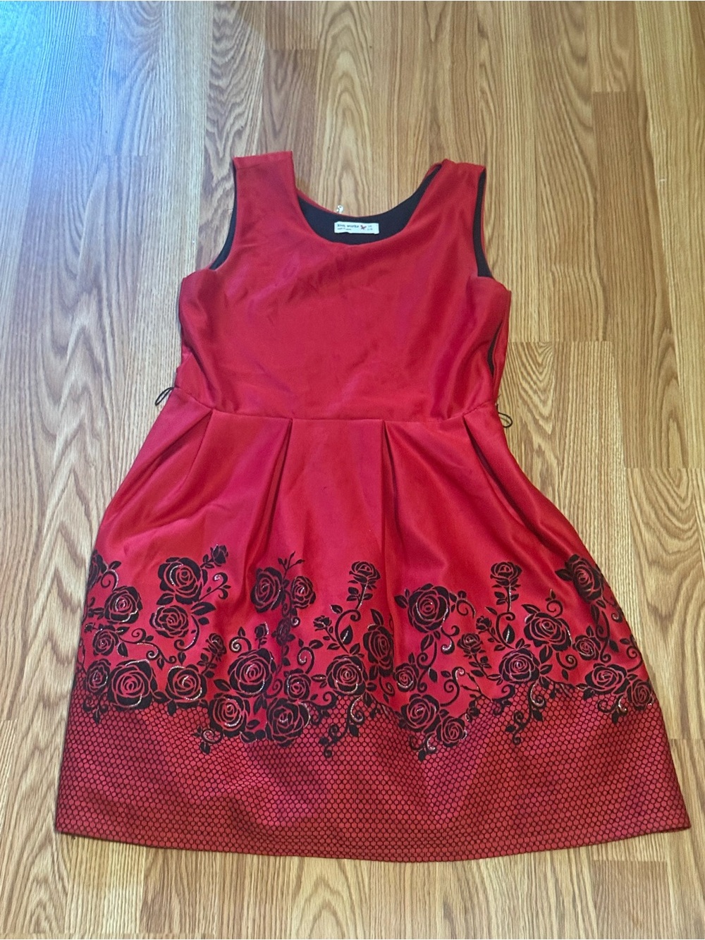 Knitworks Red Sleeveless Fit-and-Flare Dress with Black Rose Border